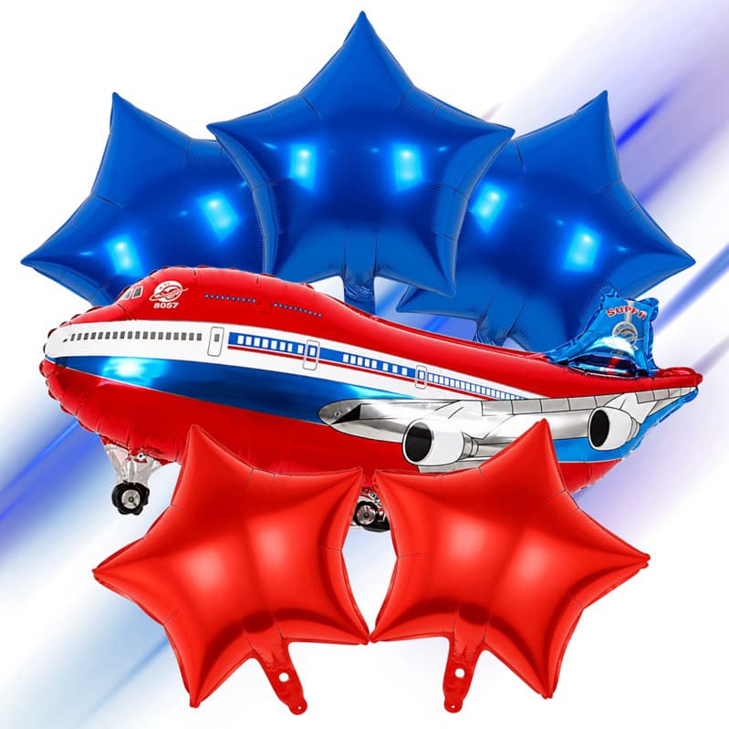 Kit Balão Avião Estrela Metalizada Azul Vermelho Decoração Festa Avião 6pçs