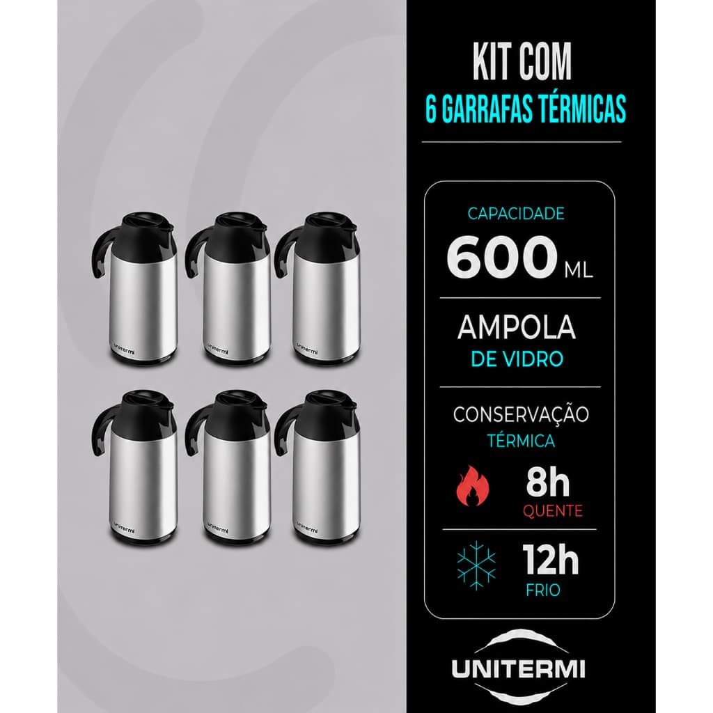 Kit 6 Garrafas Térmicas 600ml Unitermi Berlim Inox Para Café Chá Tereré Conserva Quente e Frio Livre BPA