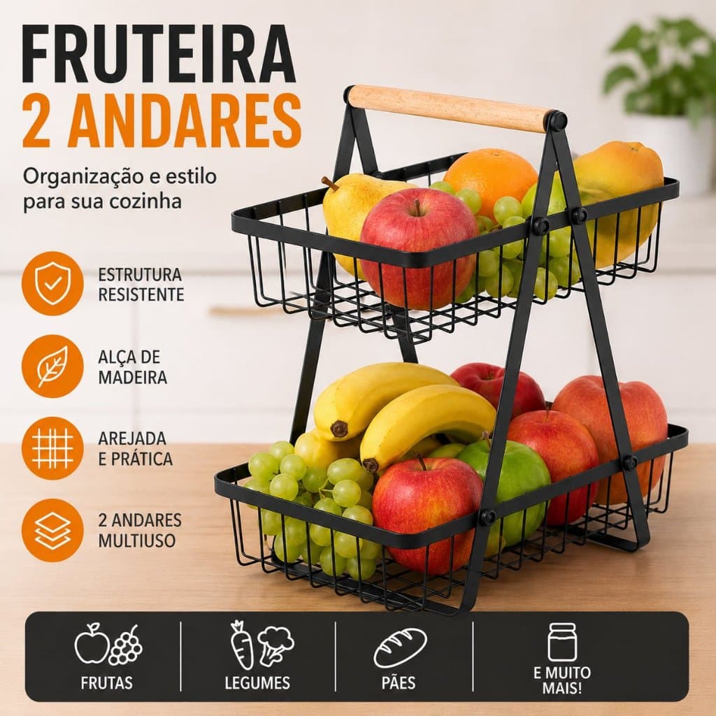 Fruteira de Mesa 2 Andares Preta Aramada Cesto Organizador Multiuso Com Alça Madeira