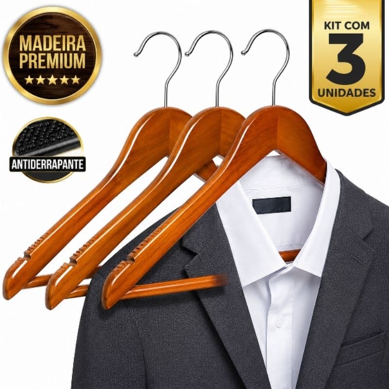 Kit 3 Cabides de Madeira Premium Antiderrapante Envernizado Resistente para Ternos Camisas Casacos Closet Guarda-Roupa