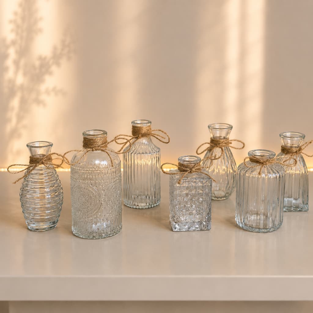 Kit 7 Mini Vaso de Vidro Transparente Decorativo - Mesa Posta Enfeite Decoração Casa