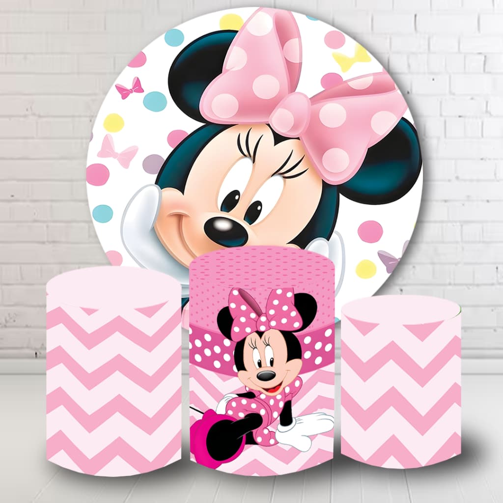 Kit Painel Decorativo + 3 Capas Cilindro Tema Minnie Varios Temas Aniversário Festa