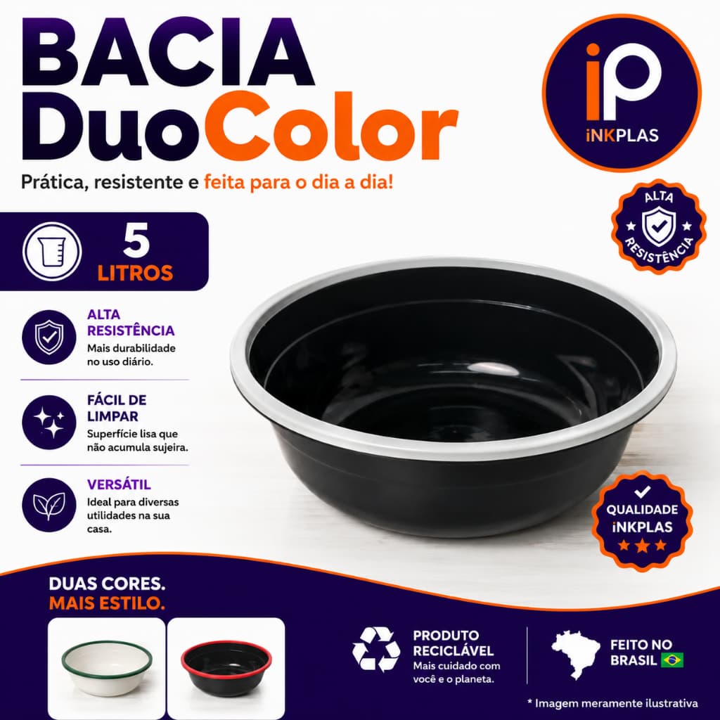 Bacia Plástica Duocolor 5 Litros Redonda Reforçada Lavanderia Cozinha Estética Duas Cores