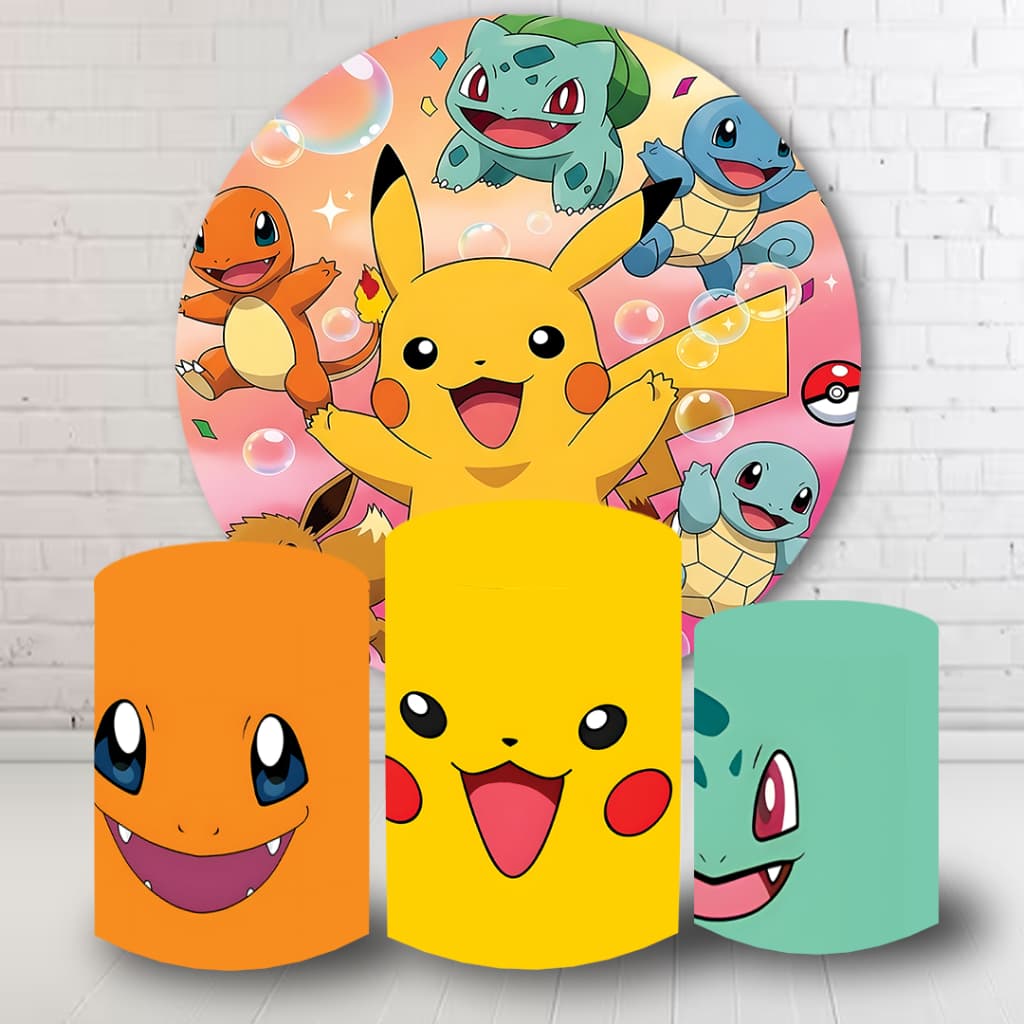 Kit Painel Decorativo + 3 Capas Cilindro Tema Pokemon Varios Temas Aniversário Festa