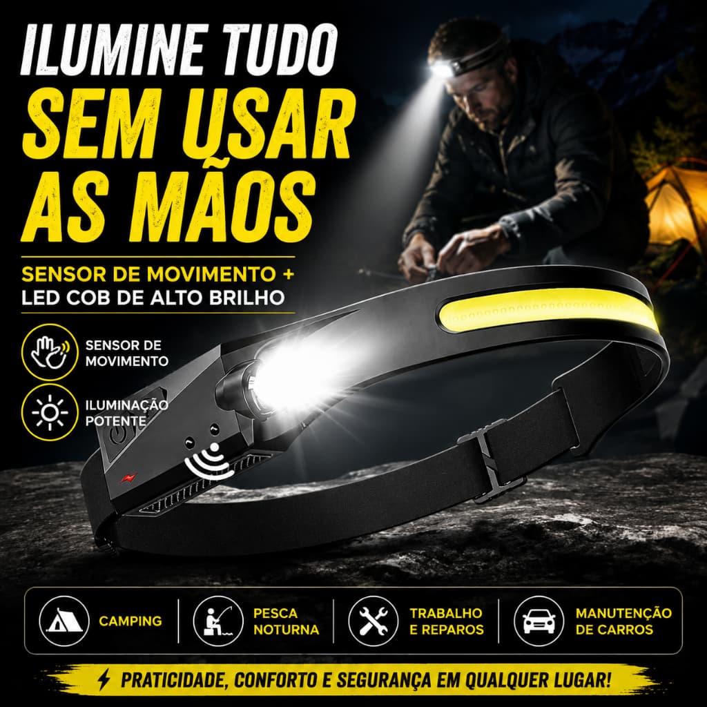 Lanterna de Cabeça LED com Sensor Recarregável USB-C COB XPE Farol para Camping Pesca Trabalho Ajustável