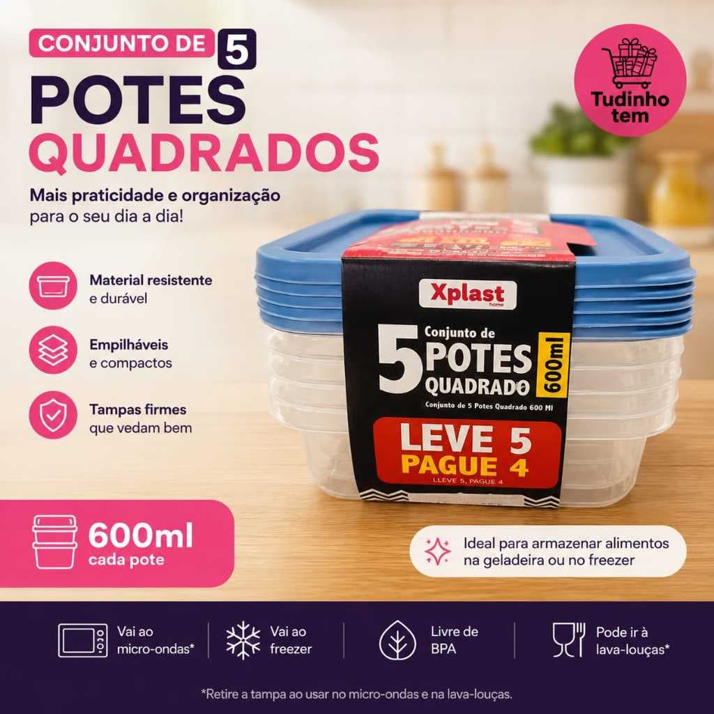 Kit 5 Potes Plásticos Quadrados 600ml com Tampa, Leve 5 Pague 4 Cores Variadas