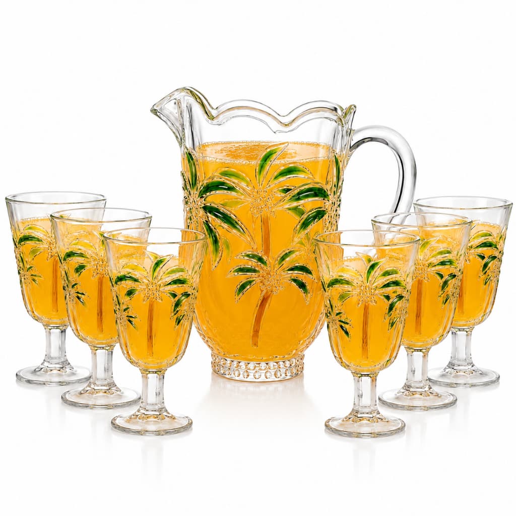 Jogo Jarra de Vidro 1,5L + 6 Taças 230ml Palmer Decoradas Conjunto Elegante para Sucos Água Drinks Mesa Posta Área Gourm