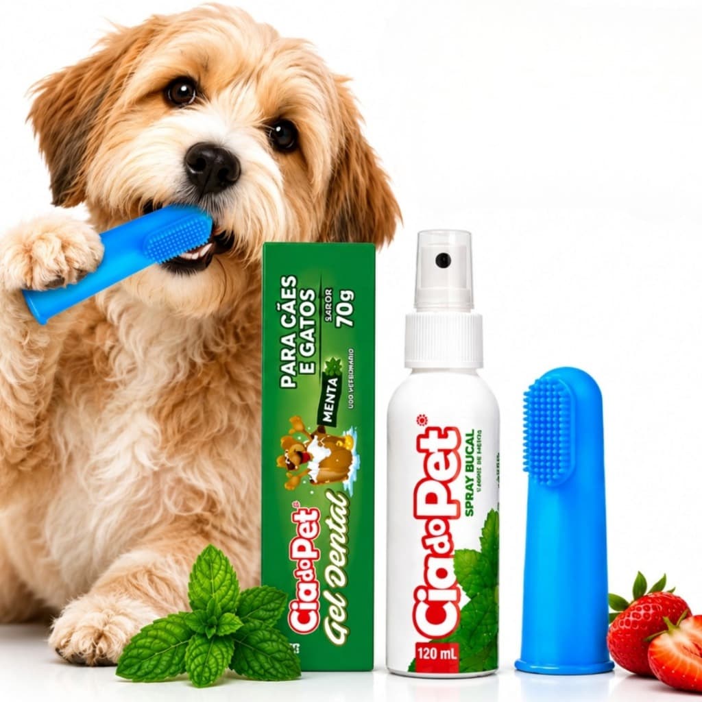 Kit Higiene Dental Pet para Cachorro e Gato Gel Pasta 70g + Spray Bucal 150ml + Dedeira Cia do Pet