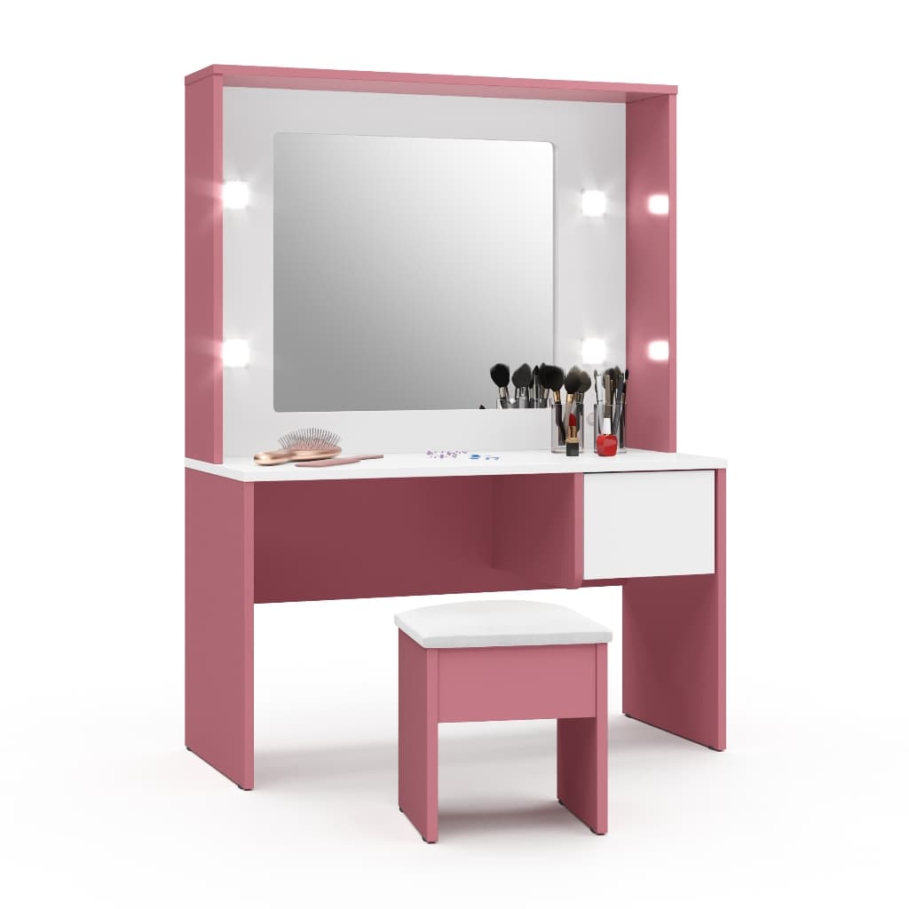 Penteadeira Infantil Camarim com Espelho 4 LED + Banqueta Almofadada Branca E Rosa  MDF/MDP