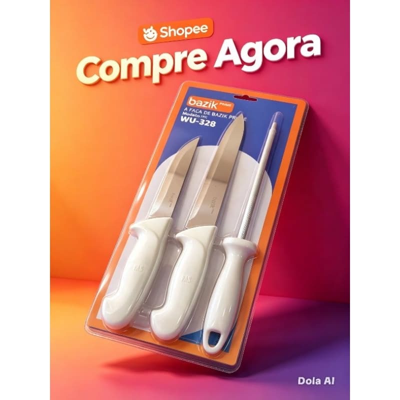 kit Facas de Cozinha basik Prime WU-328 3 peças Aço Inox Com Chaira Amolador Wu-328