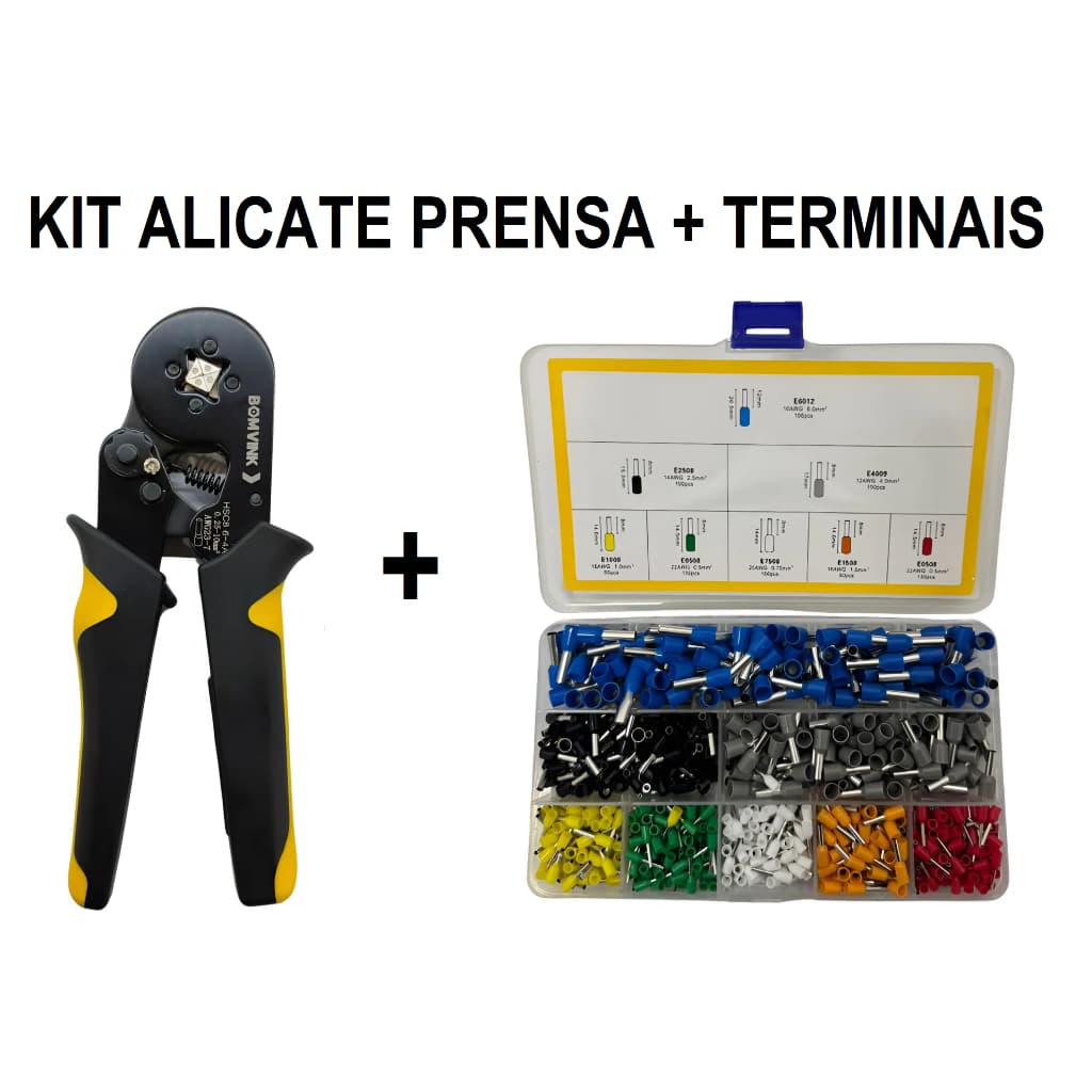 KIT ALICATE PRENSA TERMINAIS ILHOS TUBULAR 0,5 A 10MM +  800 TERMINAIS DE ILHOS