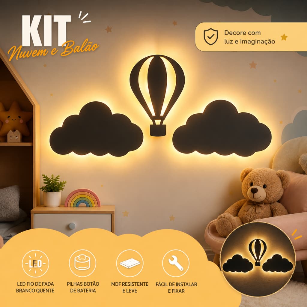 Luminária Balão Mágico e Nuvens Kit Abajur Infantil com Led fio de fada - Decoração para Quarto infantil