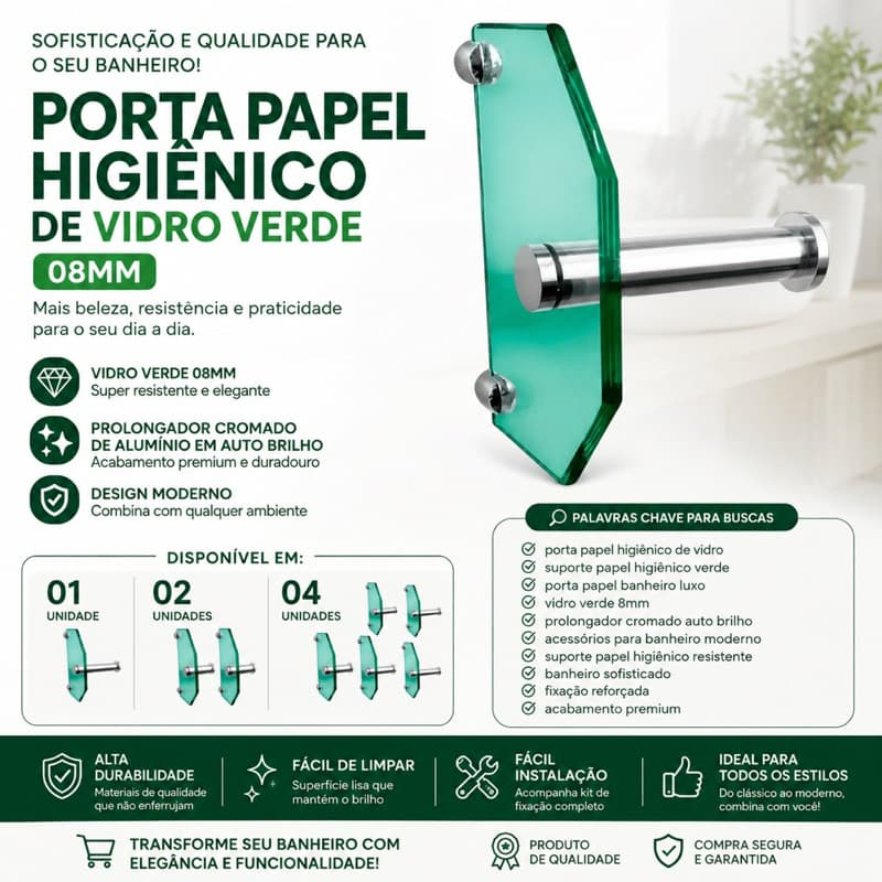 Porta Papel Higiênico Luxo Vidro Verde8mm, Aluminio cromado, resistente, moderno, premium para banheiro elegante.