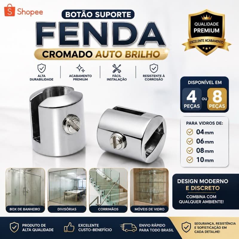 Botão Suporte Fenda Cromado Auto Brilho 4/8 peças para vidro 4, 6, 8 e 10mm. Alta resistência e fácil instalação.