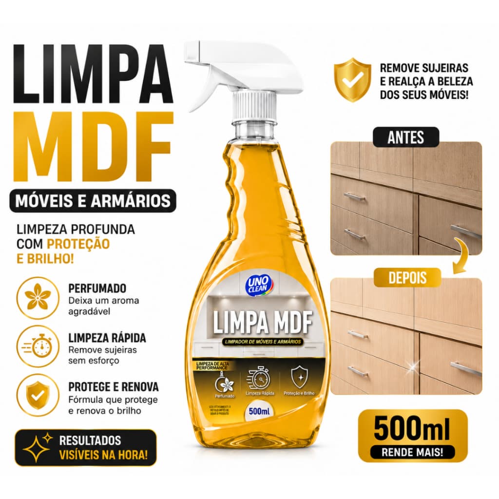 Limpa MDF 500ml Spray Perfumado Limpeza Rápida Móveis Armários Remove Sujeira Gordura Não Danifica