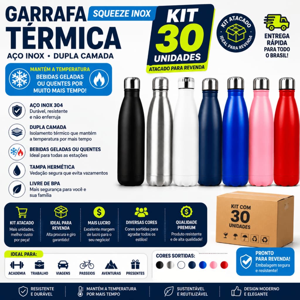 Kit 30 Garrafa Térmica Squeeze 500ml Inox Academia Dupla Camada Água Gelada Entrega Rápido