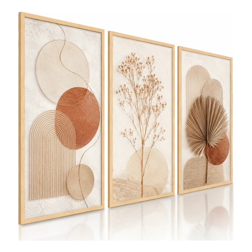 Kit Trio 3 Quadros Decorativos Boho Terracota Bege Abstrato Geométrico Folhagem Seca