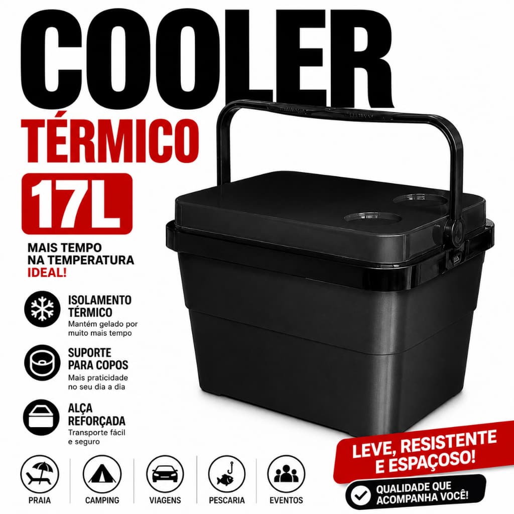 Cooler Caixa Térmica 17 Litros Com Trava e Alça Reforçada Porta Copos Toy