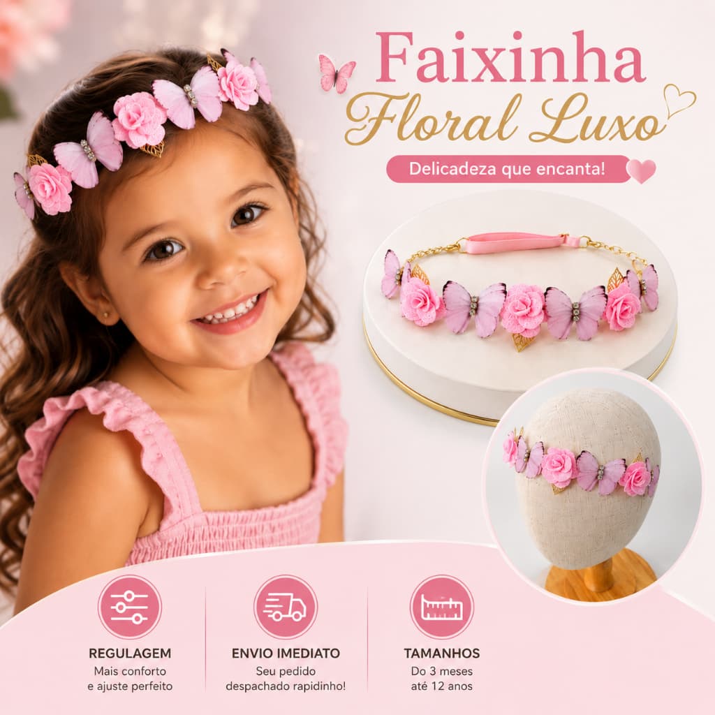Tiara com Regulagem para Bebê e Menina | Luxo com Flores e Borboletas.