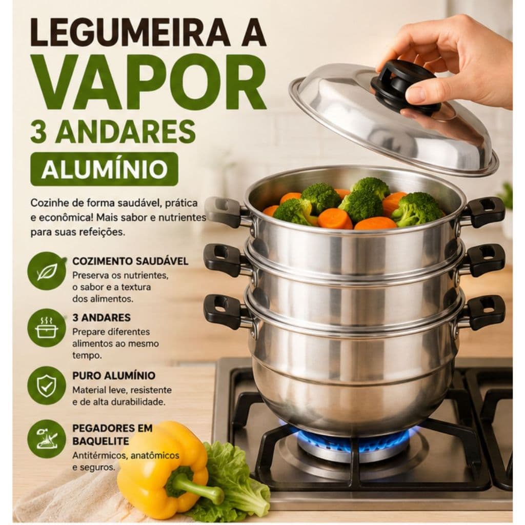 Legumeira a Vapor 3 Andares Alumínio Cozedor de Legumes Cuscuzeira Multiuso 23,5cm
