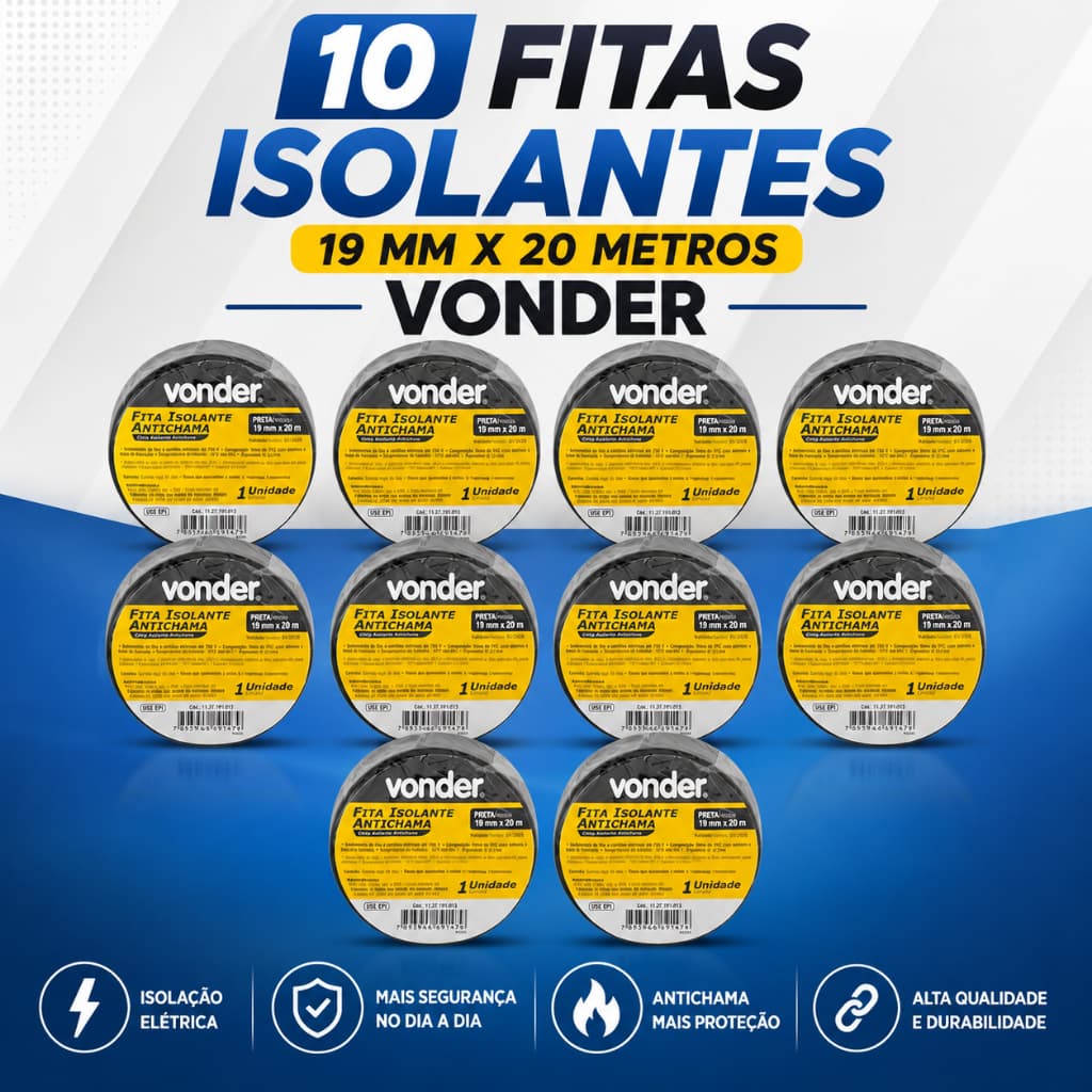 10 Fitas Isolante 19Mmx 20 Metros Preta Vonder