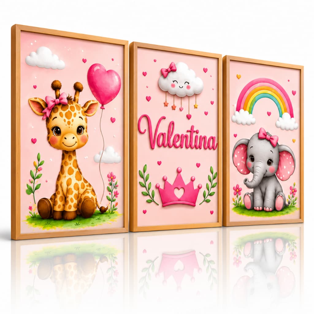 Quadros Decorativos 3 Peças Quarto Infantil Personalizado Girafa Menina Valentina