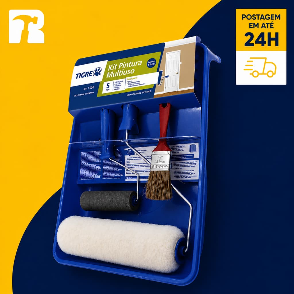 Kit Pintura 5 Peças Tigre Rolo Pincel Bandeja Completo Parede Teto 1540