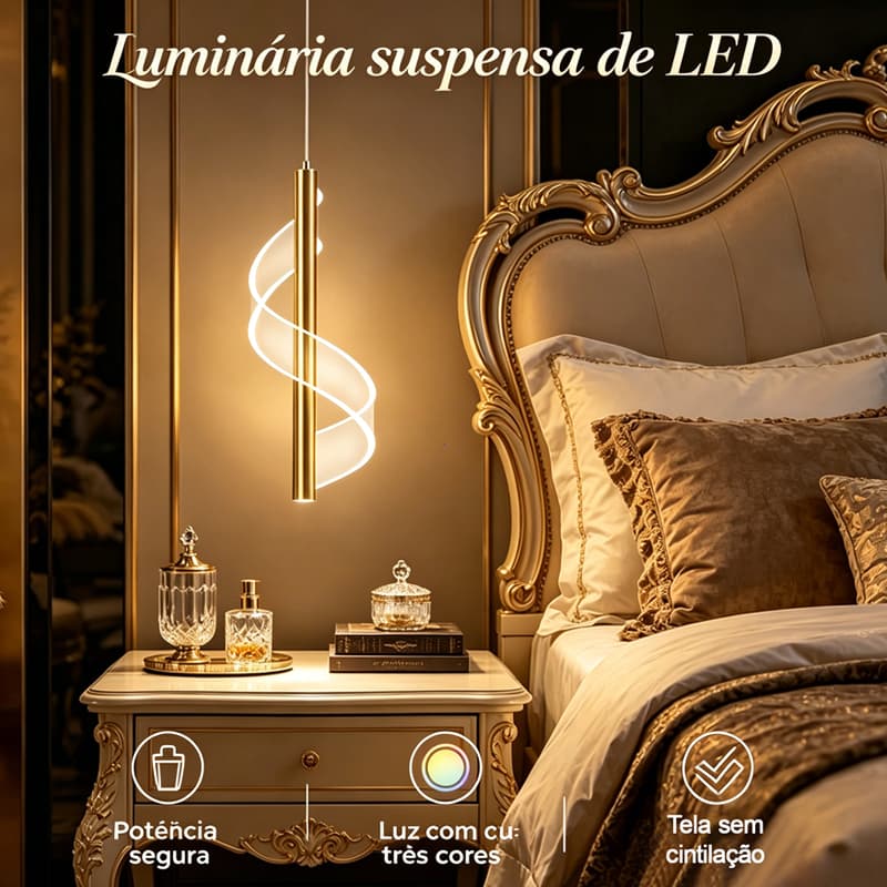 Luminária Suspensa LED Espiral Dourada 3 Tons de Luz, Cabo Ajustável para Cozinha, Quarto e Home Office