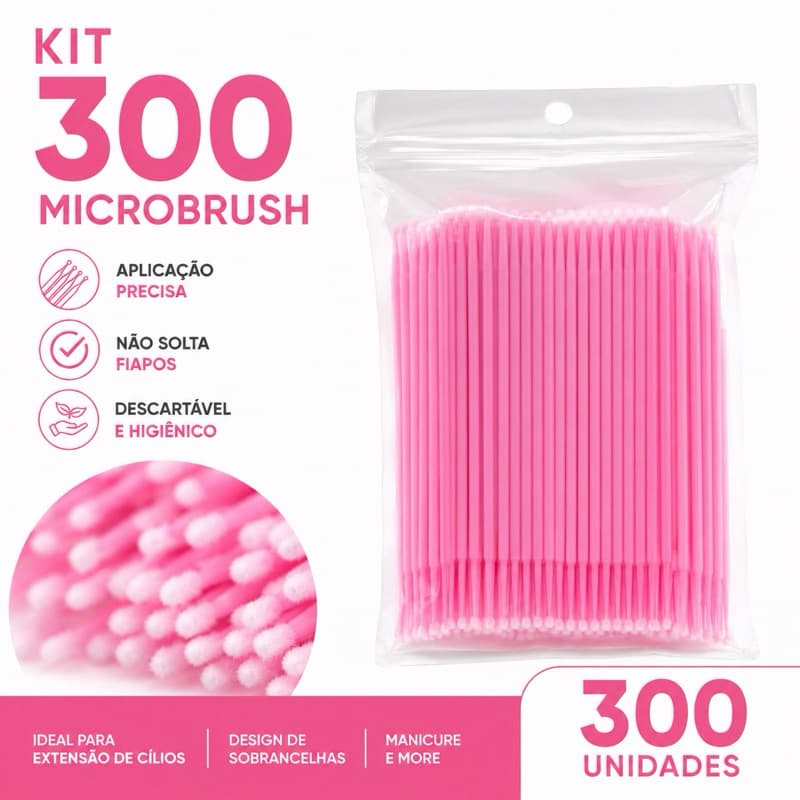 Kit 300 Microbrush Rosa Cotonete Alongamento Extensão Cílios Remoção