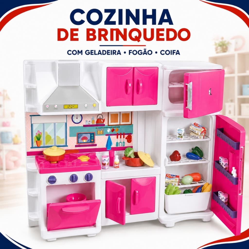 Cozinha De Brinquedo Completa Rosa Fogão Coifa E Acessórios