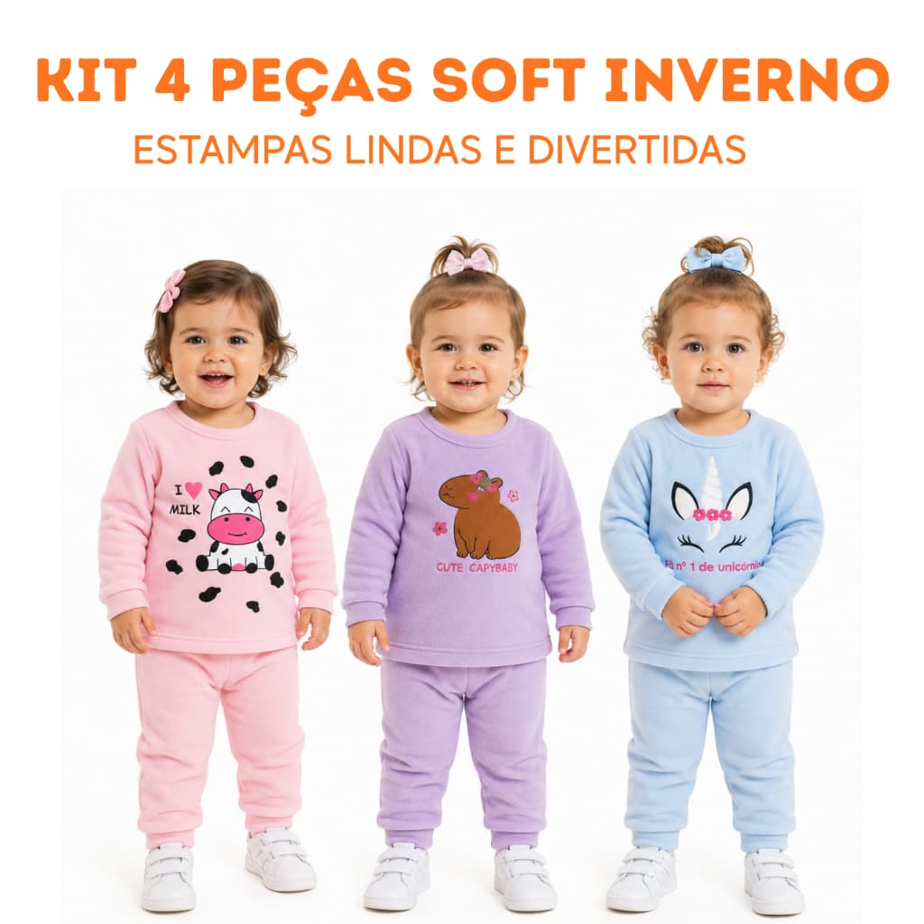 Kit 4 Peças Conjunto Infantil Soft Menina Inverno | Roupa Quentinha e Macia | P ao G (1 a 3 Anos) | Pijama Bebê Confortá