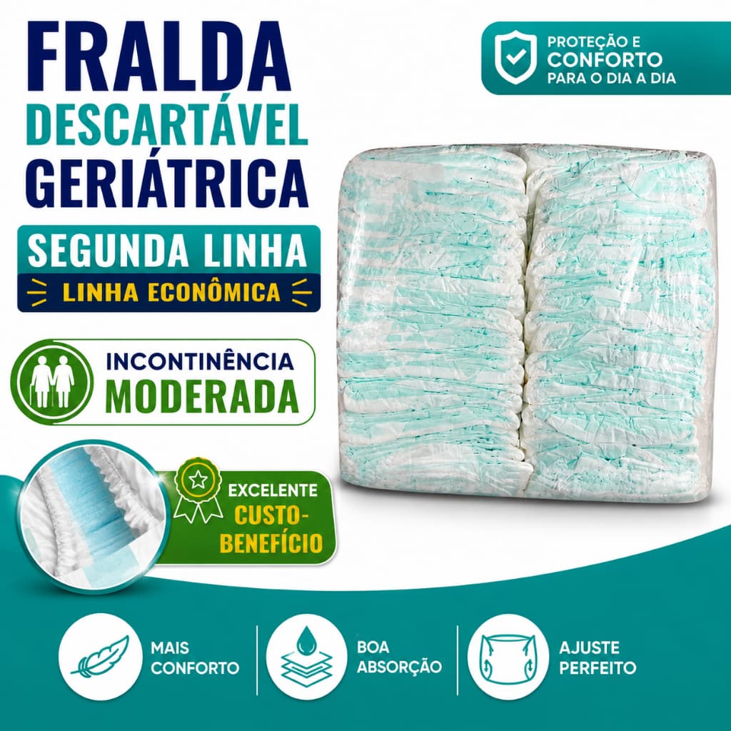 Fralda Geriátrica Adulto Segunda Linha | Incontinência Moderada | Boa Absorção |Econômica P/G/XG/SEG