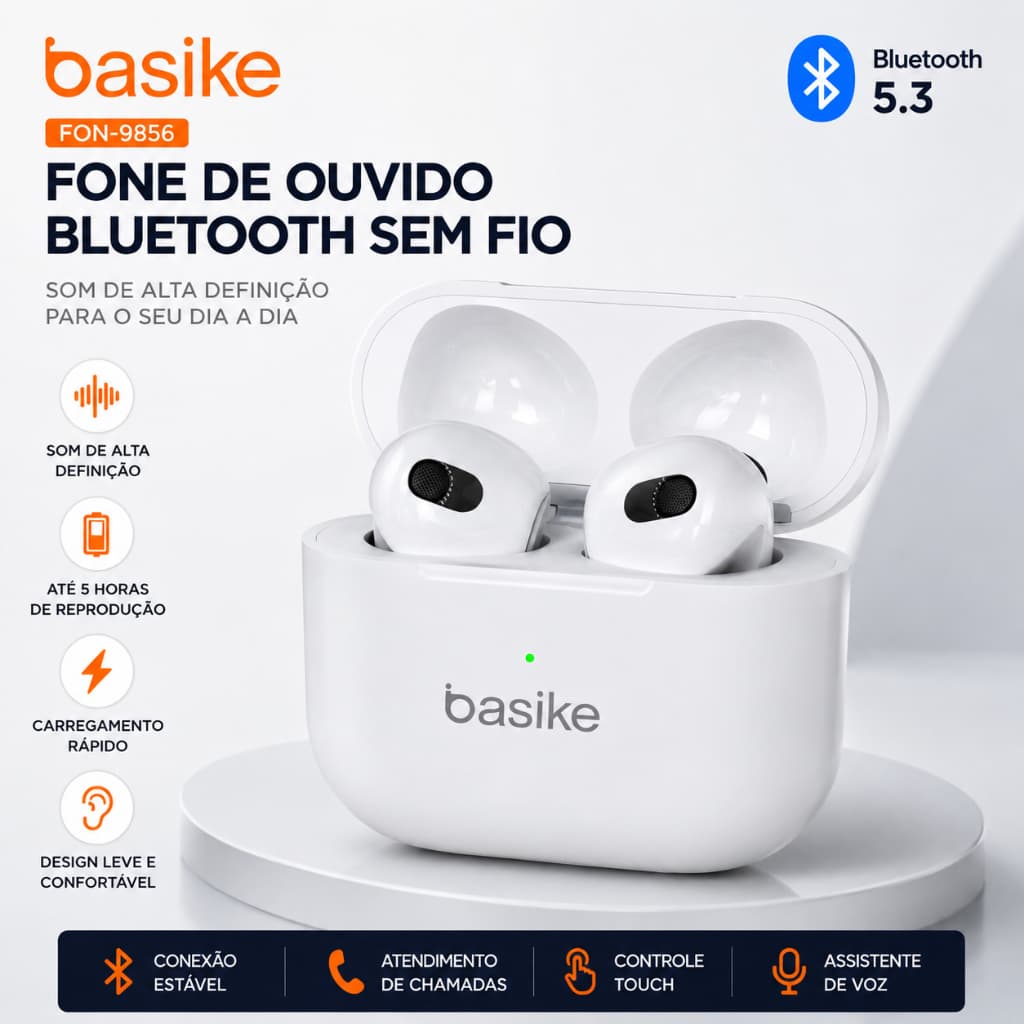 Fone Bluetooth Sem Fio Basike FON-9856 TWS Bluetooth 5.3 Touch HD com Microfone Branco