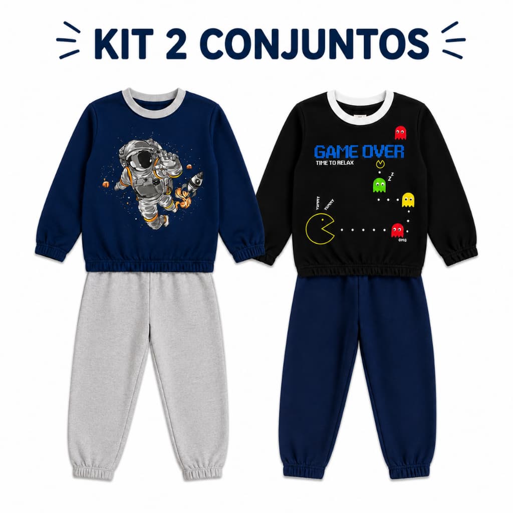 Kit Sortido 2 Conjunto Moletom Infatil Peluciado Masculino/Menino Elastico Na Manga e Na Barra Quentinho Inverno