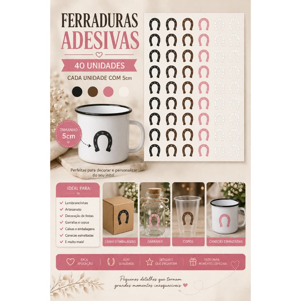 40 adesivos de ferraduras no tamanho de 5cm. Escolha a cor, rosa, preto ou marrom