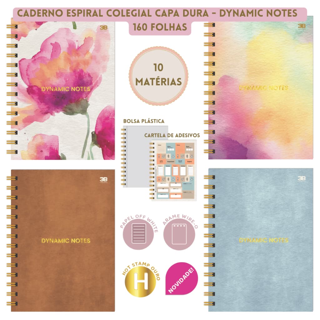 Caderno Espiral Colegial 10 Matéria 160 folhas Capa Dura Dynamic Notes 3B Cadernos