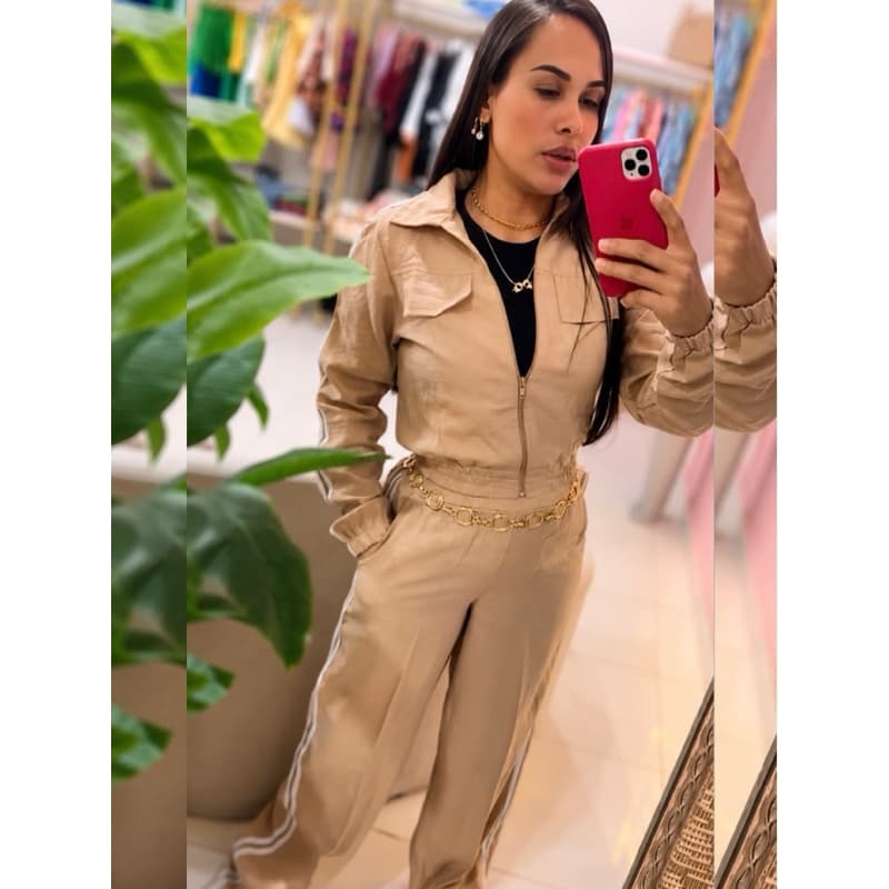 Conjunto Juvenil Feminino Jaqueta Zíper Calça Pantalona Casual Inverno Moda Teen Bege 12 à16- conjunto adolescente