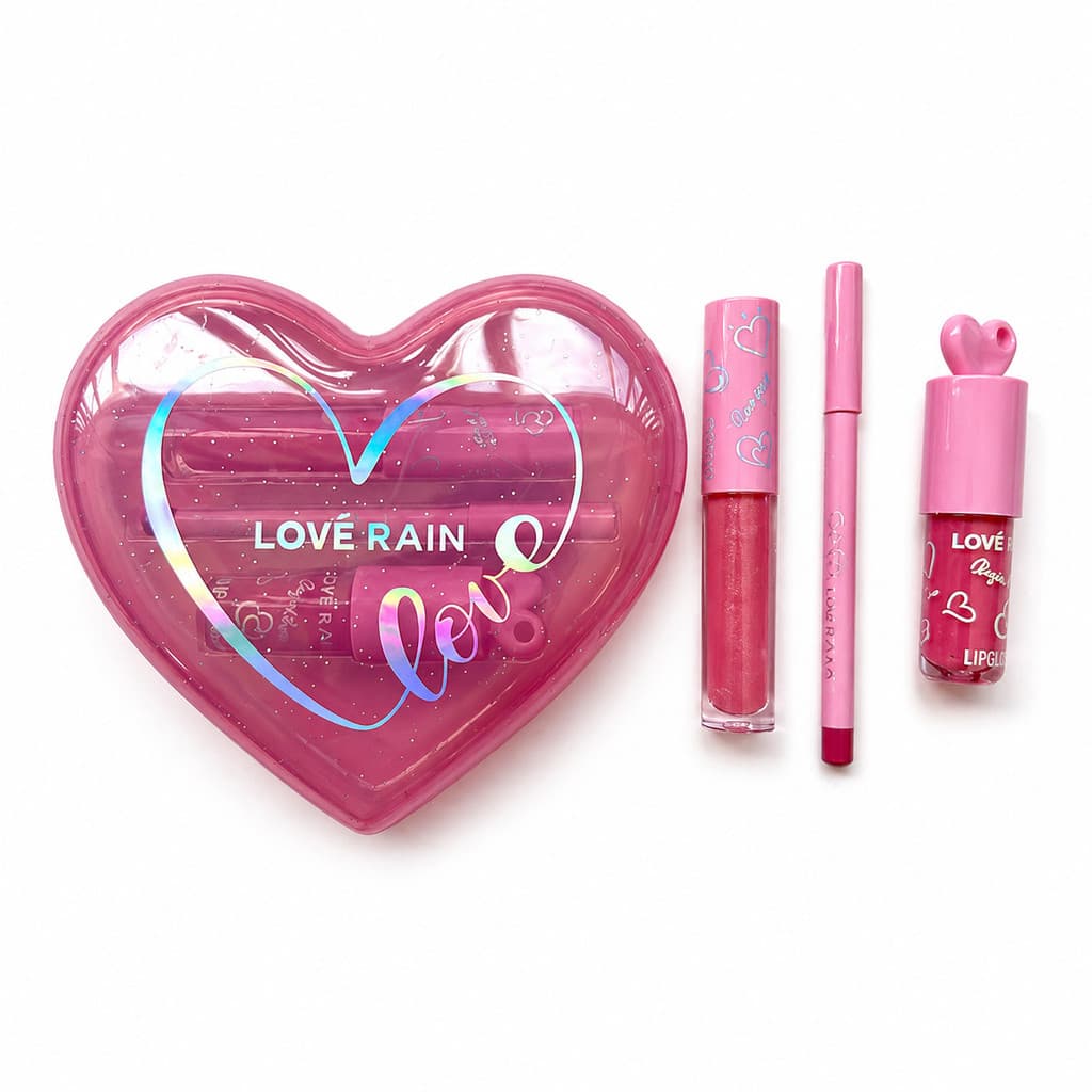 Kit Labial LOVÉ RAIN Completo – Gloss + Lápis + Lip Tint com Estojo Coração