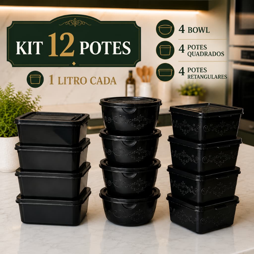 Kit Potes Plásticos 1L com Tampa BPA Free Freezer Microondas Hermético Cozinha Marmita