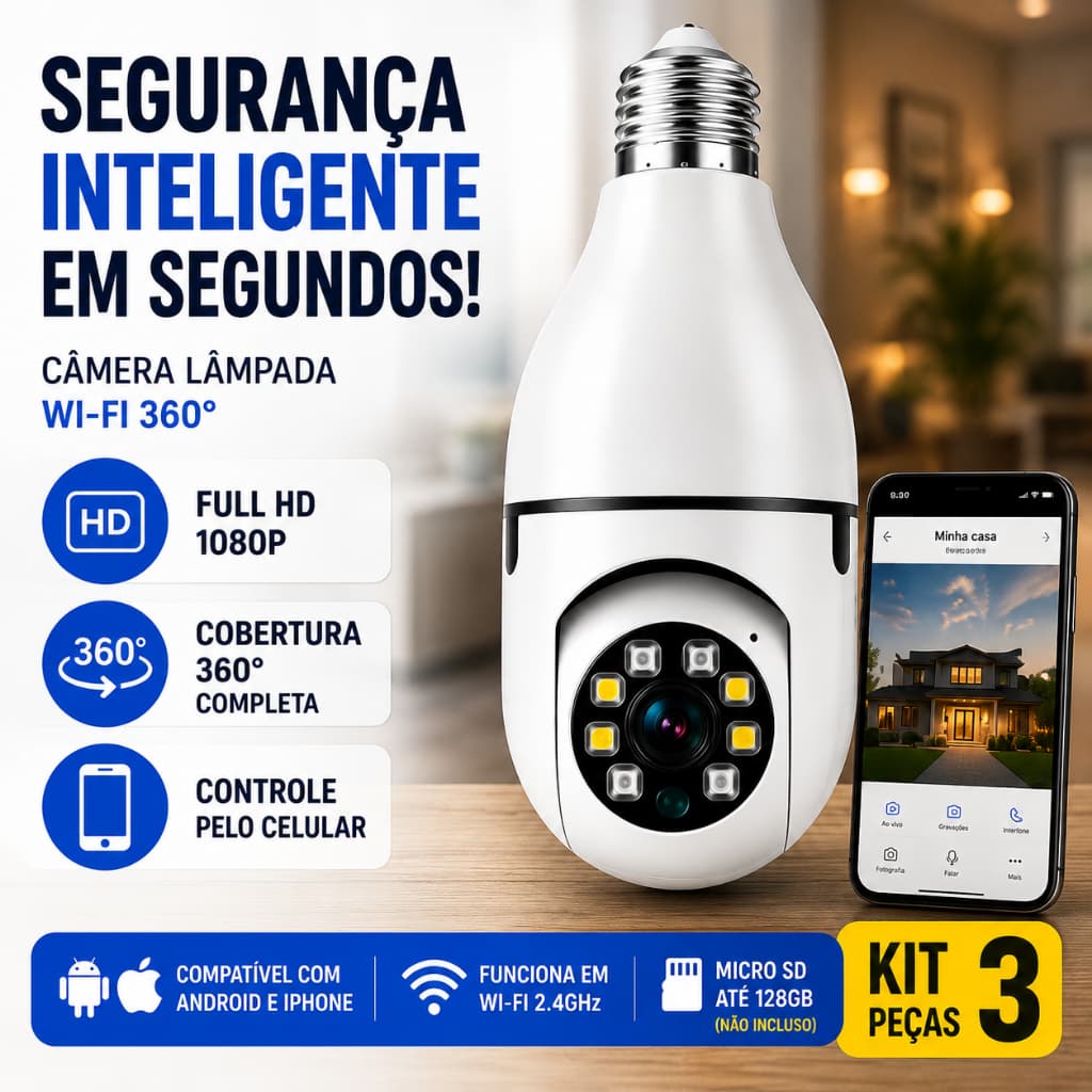 Câmera de Segurança Wi-Fi Lâmpada 360° Full HD IP Visão Noturna Colorida Áudio Bivolt E27
