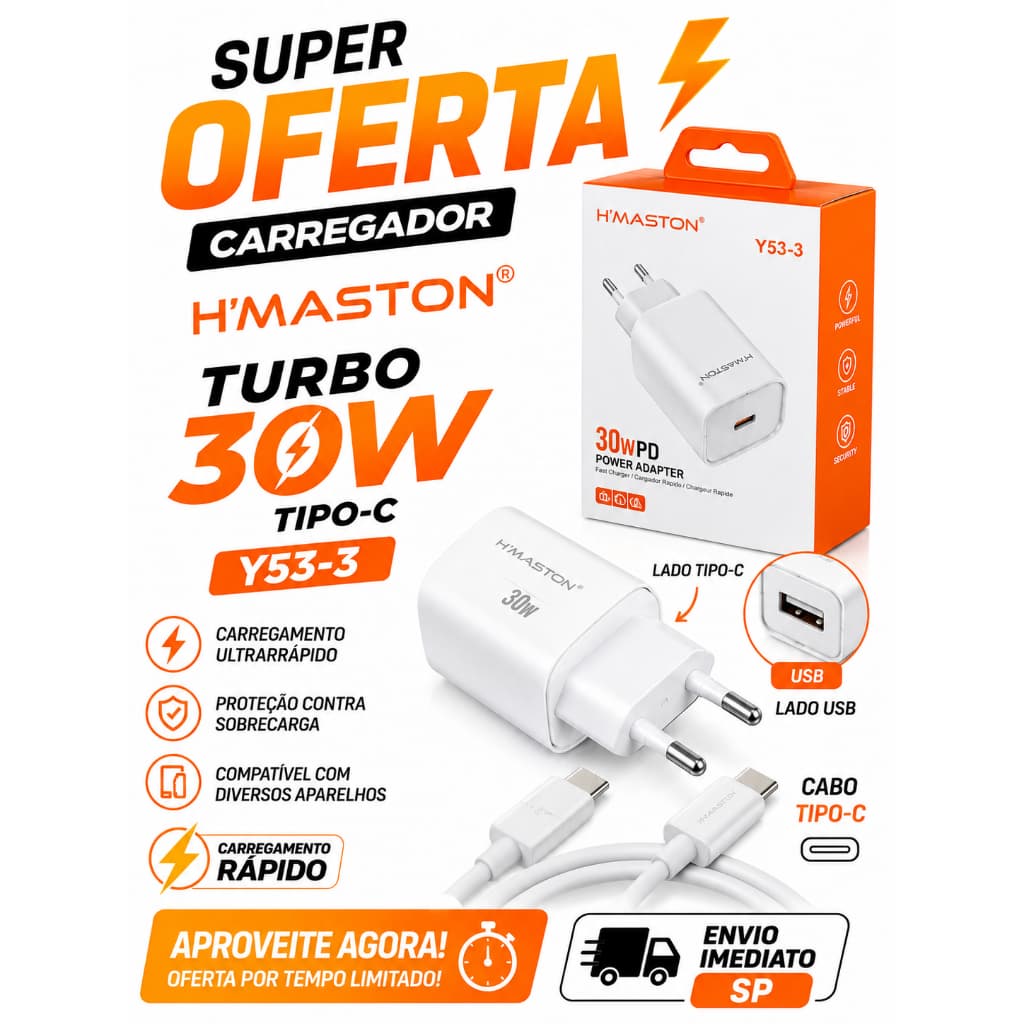 Carregador Turbo H'Maston 30W Tipo-C Y53-3 | Carregamento Rápido PD | Envio Imediato SP ⚡