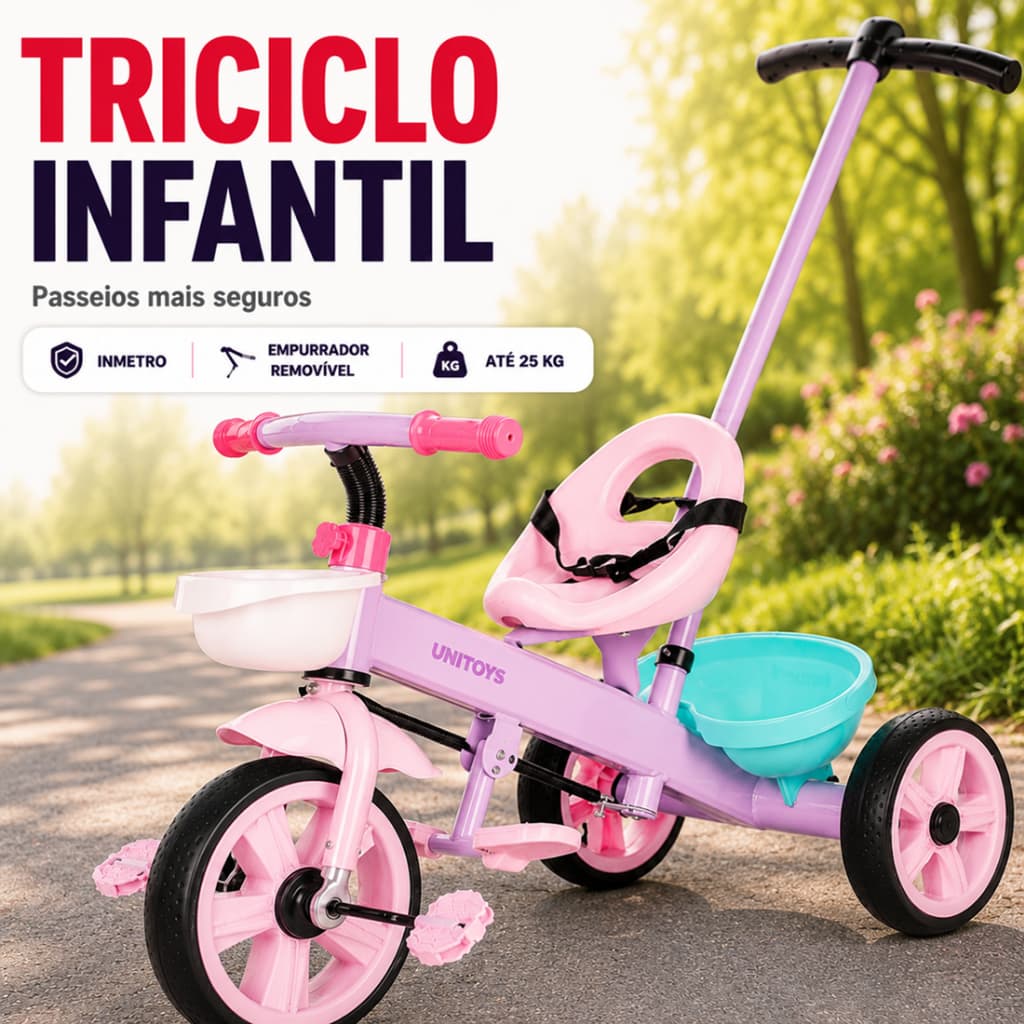 Triciclo Infantil Rosa com Empurrador Passeio Criança  Menina 3 Rodas Cinto Segurança INMETRO 25kg