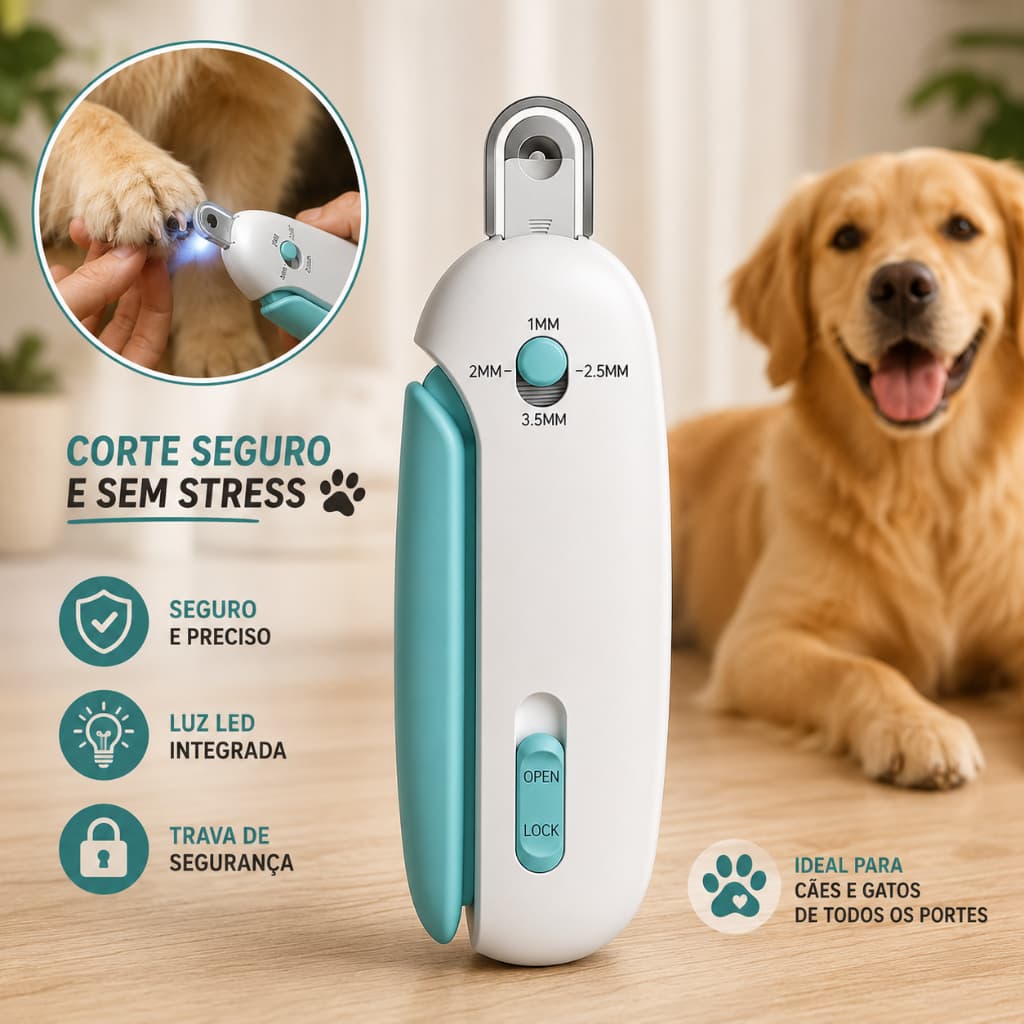 Cortador de Unhas 2 em 1 Alicate Profissional Ajustável para Cães e Gatos com Lixa e Proteção Antirrespingos