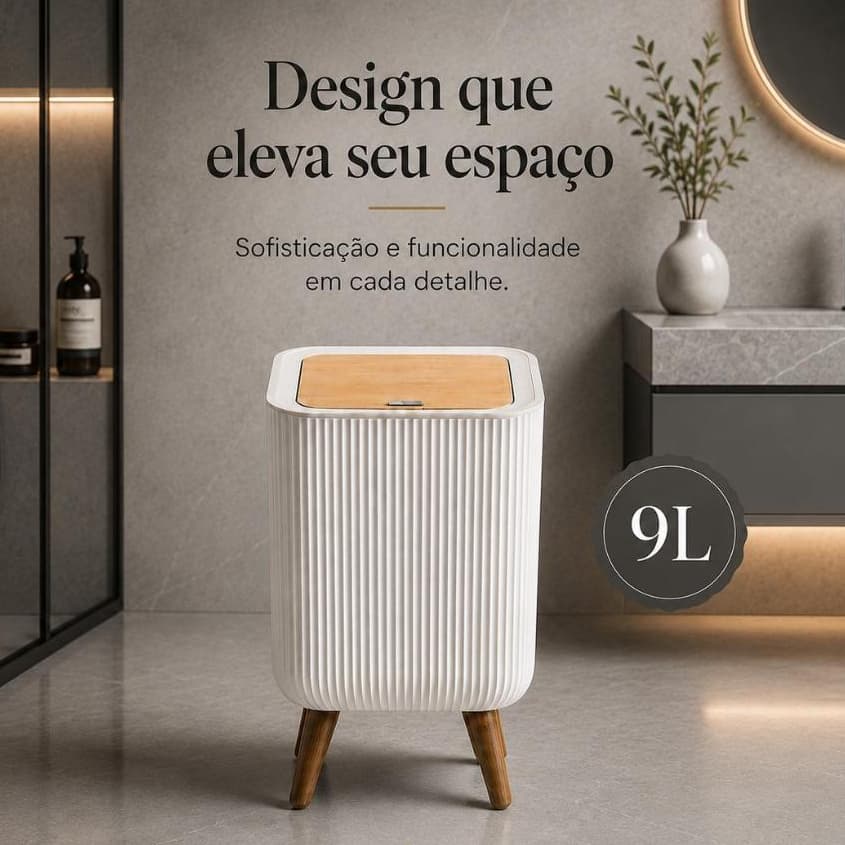 Lixeira De Plástico 9/8 Litros Branca Com Pés De Bambu Com Tampa Click De Pressão Cozinha Banheiro