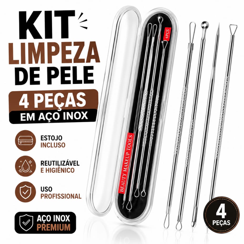 Kit Limpeza de Pele 4 Peças Aço Inox Removedor de Cravos e Espinhas Extrator Profissional com Estojo