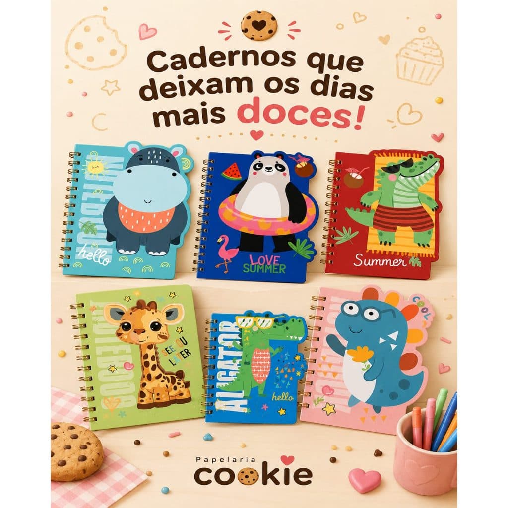 Caderno espiral Animais A5, Caderno para anotações fofas com animais, Girafa, Jacaré, Dinossauro, Panda, Hipopótamo