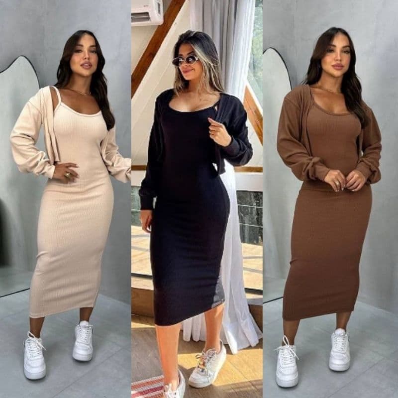 Conjunto Feminino Vestido MIDI Com Casaco Moda Outono/Inverno