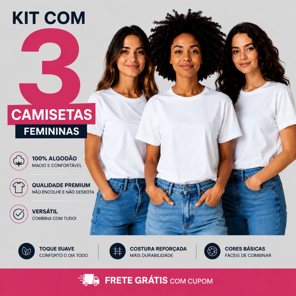 Kit 3 Camisetas Brancas Femininas 100% Algodão Premium Básicas Moda Urbana