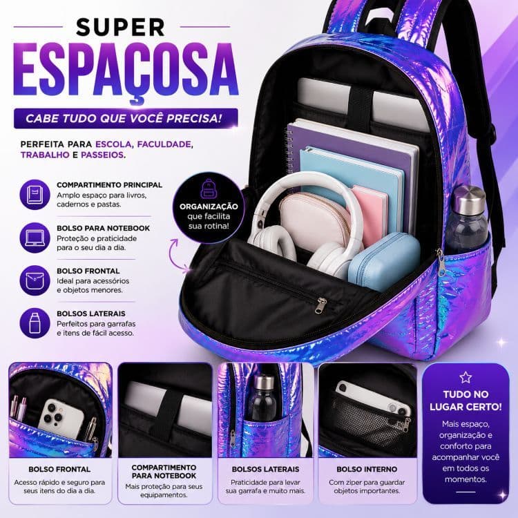 Mochila Premium Holográfica Furta-Cor sortida – Moderna, Espaçosa e Super Estilosa