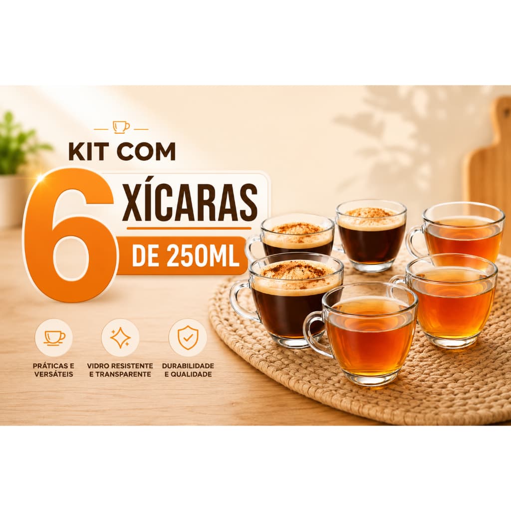 Kit 3 Canecas de Vidro 250ml Messina | Conjunto Caneca Café Chá Vidro Resistente